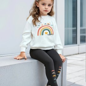 Resim 2 Parça Set, Kızlar İçin Sevimli Gökkuşağı Desenli Uzun Kollu Sweatshirt + Tayt Takımı, Dış Mekan Kullanımına Uygun 