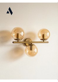 Resim Trivon Üçlü Cam Aplik Beyaz & Bal Renk Seçenekli, Gold Metal Gövde Modern Duvar Aydınlatma Bal 