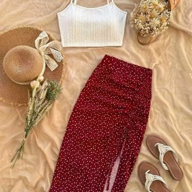 Resim 2 adet Kadın Bordo Dokulu Camisole Üst ve Bordo Kalp Baskılı İpli Yırtmaçlı Etek Kıyafeti YY0425292 