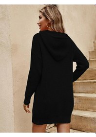 Resim Aqe Fashion Triko Kapüşonlu Uzun Kollu Tunik Siyah Elbise Siyah 