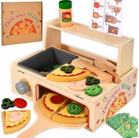 Resim Limon Dekor 50 Parça Ahşap Pizza Fırını Oyun Seti - Montessori Eğitici Mutfak ve Kesilebilir Oyuncak Yiyecek Seti 