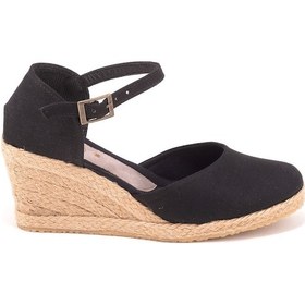 Resim Gerçek Elişi Bilekten Bantlı Topuğu Açık Keten Espadril Dolgu Topuk Handmade Siyah 