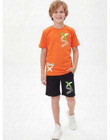 Resim Panios Kids X White Baskı Detaylı Yuvarlak Yaka Yazlık Erkek Çocuk Alt Üst Takım Turuncu 