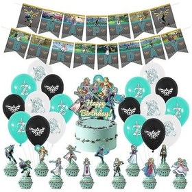 Resim 32 Parça Legend Of Zelda Temalı Doğum Günü Partisi Malzemeleri, Parti Süslemeleri Mutlu Yıllar Afişi, Oyun Temalı Parti Malzemeleri İçin Lateks Balonlu Kek Üstleri Çok Renkli 
