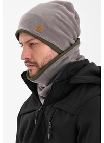 Resim Erkek Polar Dış Kaşkorse Pamuklu İç Kısım Çift Renk Çift Katman Katlanabilir Bere Boyunluk Takım - Standart / Gri-haki Gri-haki 