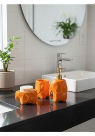 Resim Fil Figürlü Seramik 3 Lü Banyo Seti Modern Dekoratif Banyo Aksesuar Seti Turuncu 