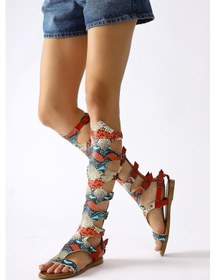 Resim Hakiki Deri Lilith Kırmızı-renkli Yılan Derisi Desenli Diz Altı Gladyatör Sandalet 001 