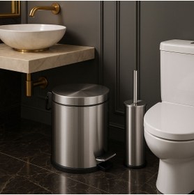 Resim Veliday 3lt Krom 2'li Banyo Seti Pedallı Çöp Kovası Wc Klozet Tuvalet Fırça Seti Banyo Çöp Kovası 