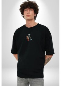 Resim Zombi İskelet Kendine Yumruk Siyah Oversize Unisex Ön Orta Minimal Baskılı Tişört Siyah 