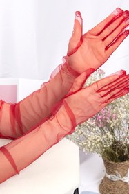 Resim Hobigram Kırmızı Transparan Uzun Tül Gelinlik Eldiveni Parti Aksesuarı - Gelin Aksesuarı, Şık Tasarım - Geli 