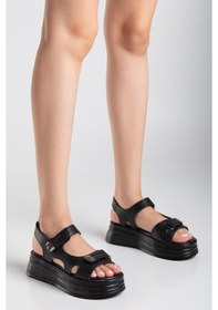 Resim Pabucmarketi Siyah Cırtlı Kadın Düz Sandalet Çok Renkli 