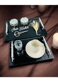 Resim Vow Siyah Desenli Söz Tepsisi Ve Damat Kahve Fincanı Beyaz Beyaz 