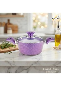 Resim 20 Cm Granit Derin Tencere Cam Kapak - Violet Violet 