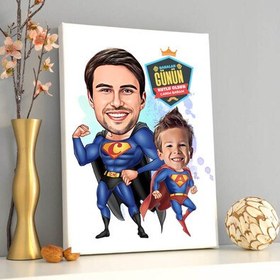 Resim Süper Kahraman Baba ve Oğlu Karikatürlü Kanvas Tablo 