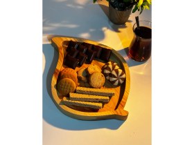 Resim Ata Wood Doğal Ahşap Yaprak Figürlü Kahvaltılık-Çerezlik-Sunumluk-Servis Tabağı 