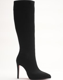 Resim Ayakkabı Ateşi Kadın Diz Altı Kısa Platform Topuklu Çizme Amazen Siyah Dana Süet 