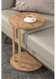 Resim C Sehpa Yuvarlak 36 Cm Çap Tekerlekli Şık Tasarım Koltuk Yan Sehpa Zigon Servis Sehpası Traverten - Atlantik Çam Atlantik Çam 