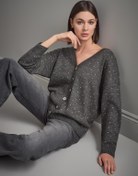 Resim Önü ve Arkası V Yaka Düğmeli Gri Triko Hırka 