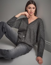 Resim Önü ve Arkası V Yaka Düğmeli Gri Triko Hırka 