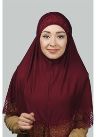 Resim Altobeh İkili Set Dantelli Pratik Eşarp Hazır Hijab Ve Tesettür Bonesi Xl Bordo 