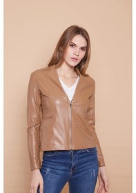 Resim Ekolojik Suni Deri V Yaka Uzun Kol Fermuarlı Blazer Ceket-koyu Bej K.bej 