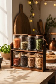 Resim Mira Büyük - 8'li Ahşap Standlı Vakumlu Ahşap Kapaklı Cam Baharatlık Takımı Saklama Kabı Seti 445 Ml Ahşap 