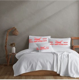 Resim %100 Pamuklu Örgü Desenli Çok Amaçlı Yatak Örtüsü 220x230 Beyaz 