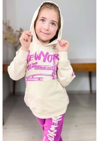 Resim Riccotarz Kız Çocuk Üzeri New York Yazı Detaylı Bilekleri Manşetli Sweatshirt Mor Eşofman Takım Mor 