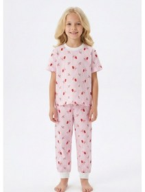 Resim Bunny Hopp Kiraz Desenli Çizgili Kısa Kollu Kız Çocuk Pijama Takımı - %100 Pamuklu Pembe Uyku Seti Pembe - Beyaz 