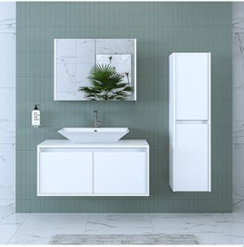 Resim Banos Banyo Roomart Lavabolu Mat Beyaz Mdf 100Cm Banyo Dolabı+Ayn Mat Beyaz 