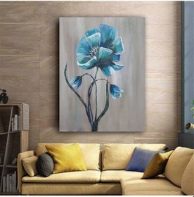 Resim Kanvas Tablo Gri Zeminde Yağlı Boya Görünümlü Turkuaz Dikey Çiçek 