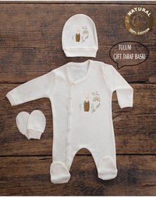 Resim yzc home size dair... E84 T Ekru Renk Isme Özel Isimli Baskılı Bebek Tulum Şapka Eldiven Set Hastane Çıkışı 