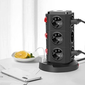 Resim Smayling Akım Korumalı 12 Prizli Çoklu Uzatma Kablosu - 3 USB Girişli, Anahtarlı, Kule Tipi, 2 Metre Wireless Kablosuz Şarj 