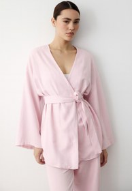 Resim My Blog Pembe Düğmeli Kemerli Keten Kimono - 005 