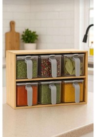Resim Piev Bambu Standlı Bölmeli Kapaklı Ve Kaşıklı 9 Lu Şeffaf Baharatlık Bakır 
