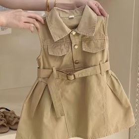 Resim Kız Çocukları İçin Kolsuz Elbise - Bej/Tan Renk, Esnek Olmayan Kumaş, Ayarlanabilir Kemere Sahip, Günlük ve Resmi Giyim, Kore Tarzı Çocuk Kıyafetleri, Yazlık Gardırop, Trend Toddler Kıyafeti, Kaliteli Dikiş, Moda Bilinçli Ebeveynler 