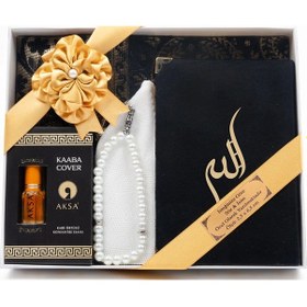 Resim Takke + Esans + Tesbih + Seccade + Kadife Kuran Hediye Seti Çanta Boy, Siyah 