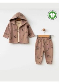 Resim Erkek Bebek Kapüşonlu Dinazor Baskılı 3lü Eşofman Takım-15469 Kahverengi 