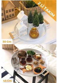 Resim Kitchen Trend Ahşap Kulplu Metal Tepsi 2'li 45 CM+Beyaz Çay Kahve Sunum Tepsisi 30 CM 