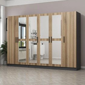 Resim Minar Kale 6 Kapaklı 4 Aynalı 2 Çekmeceli Dolap Antrasit Dore 210 cm 