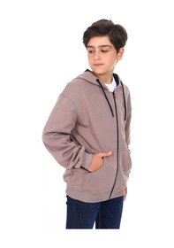 Resim Toontoy Kids Toontoy Erkek Çocuk Kapüşonlu Fermuarlı Cepli Düşük Omuz Baskılı Örme Hırka - 3 İplik Şardonsuz Kahve 