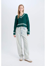 Resim DeFacto Coool Regular Fit V Yaka Saç Örgülü Çizgili Triko Kazak C7321AX24WNGN953 