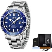 Resim Hanyang Gümüş Mavi Adam Lıge Için 2023 Spor Kol Saati Üst Marka Paslanmaz Çelik Su Geçirmez Saatler Erkekler Izle Askeri Kuvars Kol Saati Montre Homme (Yurt Dışından) 