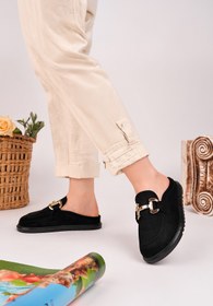 Resim Muggo CARLEEN Süet Deri Gold Tokalı Günlük Rahat Önü Kapalı Kadın Loafer Terlik 