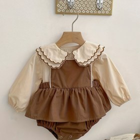 Resim İlkbahar ve Sonbahar Yeni Bebek ve Küçük Çocuk Bezi Örtüsü Prenses Tatlı Tarzı Bebek Yaka Askılı Emekleme Takım Etek Bebek Kız Dantel Uzun Kollu Gömlek İki Parça Set Ha Etek 