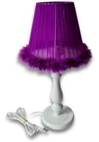 Resim TEKAY AYDINLATMA Mor Tüylü Beyaz Ahşap Ayaklı Yatak Odası Abajuru Çocuk Odası Abajur 