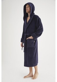 Resim Yaka Jakarlı %100 Cotton Erkek Bornozu Lacivert 
