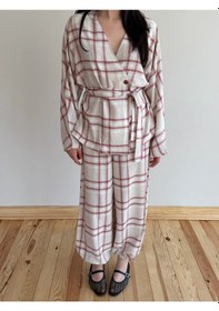 Resim Laluvia Kırmızı Ekose Kimono Şalvar Takım - 0993 