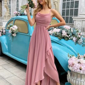 Resim Şık Düz Renkli Kolye Yaka Spagetti Askılı Nedime Elbisesi - Anahtar Delikli Sırt, Katmanlı A Kesim Etek & Önü Çapraz Detaylı, Esnek Olmayan Kumaş İlkbahar/Yaz Düğünleri İçin 
