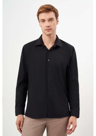 Resim Erkek Siyah Basic Düz Desen Cepli Sert Yaka Regular Fit Gömlek 24mc004057001 Siyah 